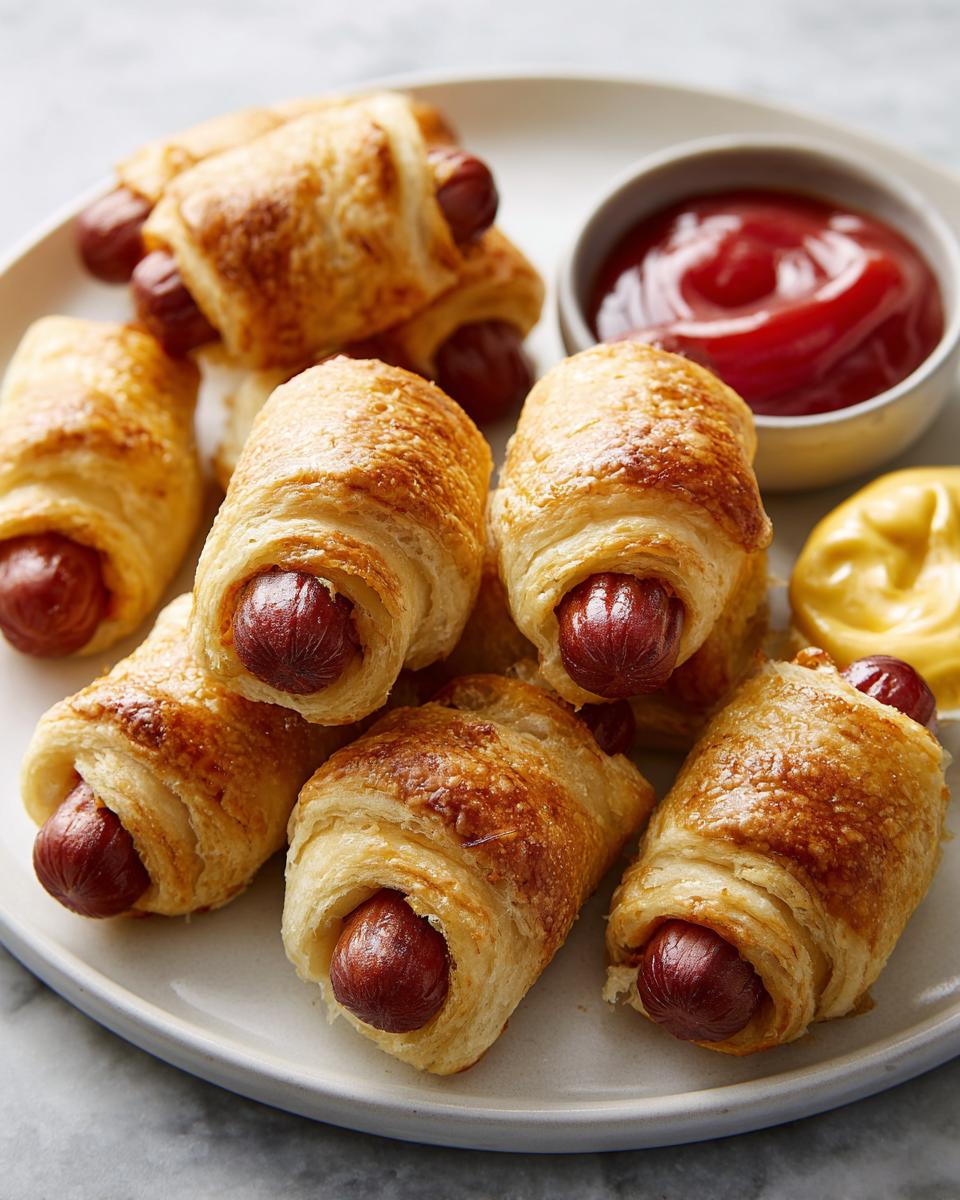 A plate of golden brown, flaky pigs in a blanket with ketchup and mustard for dipping.