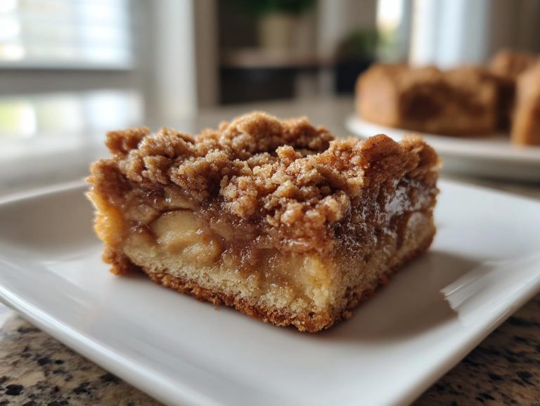 Close-up of a square Grandma's Apple Pie Bar with a crumb topping and apple filling.