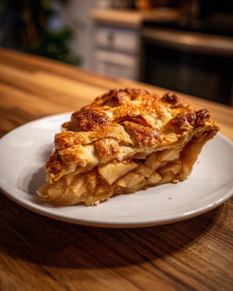A close-up of a golden-brown slice of Grandma's perfect apple pie with a lattice crust, filled with tender apples.