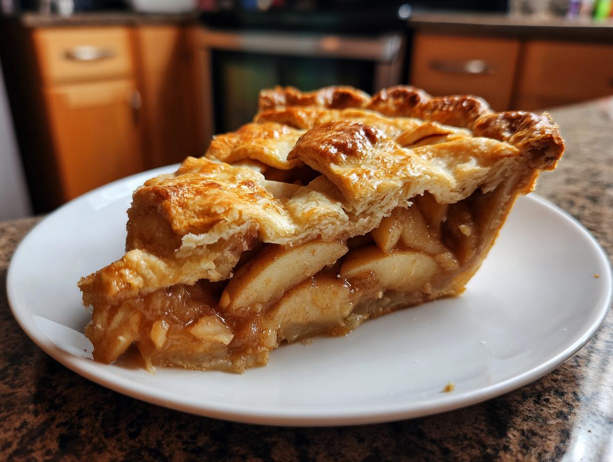 A close-up of a thick slice of homemade apple pie with a flaky lattice crust and tender apple filling.
