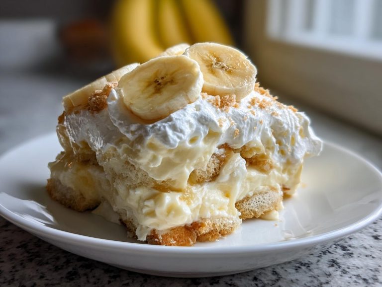 A generous slice of Grandma's Banana Pudding, featuring layers of creamy custard, vanilla wafers, and fresh banana slices, topped with whipped cream.