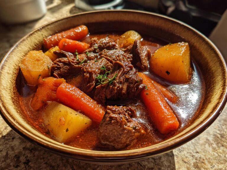 A hearty bowl of Grandma's amazing beef stew, featuring tender beef chunks, carrots, and potatoes in a rich broth.