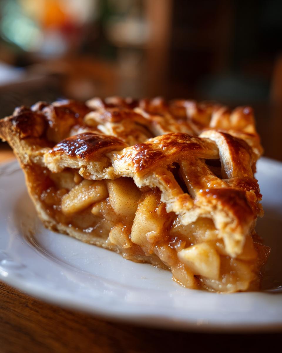 A close-up shot of a perfect slice of Grandma's apple pie, featuring a lattice crust and a filling of tender apples.