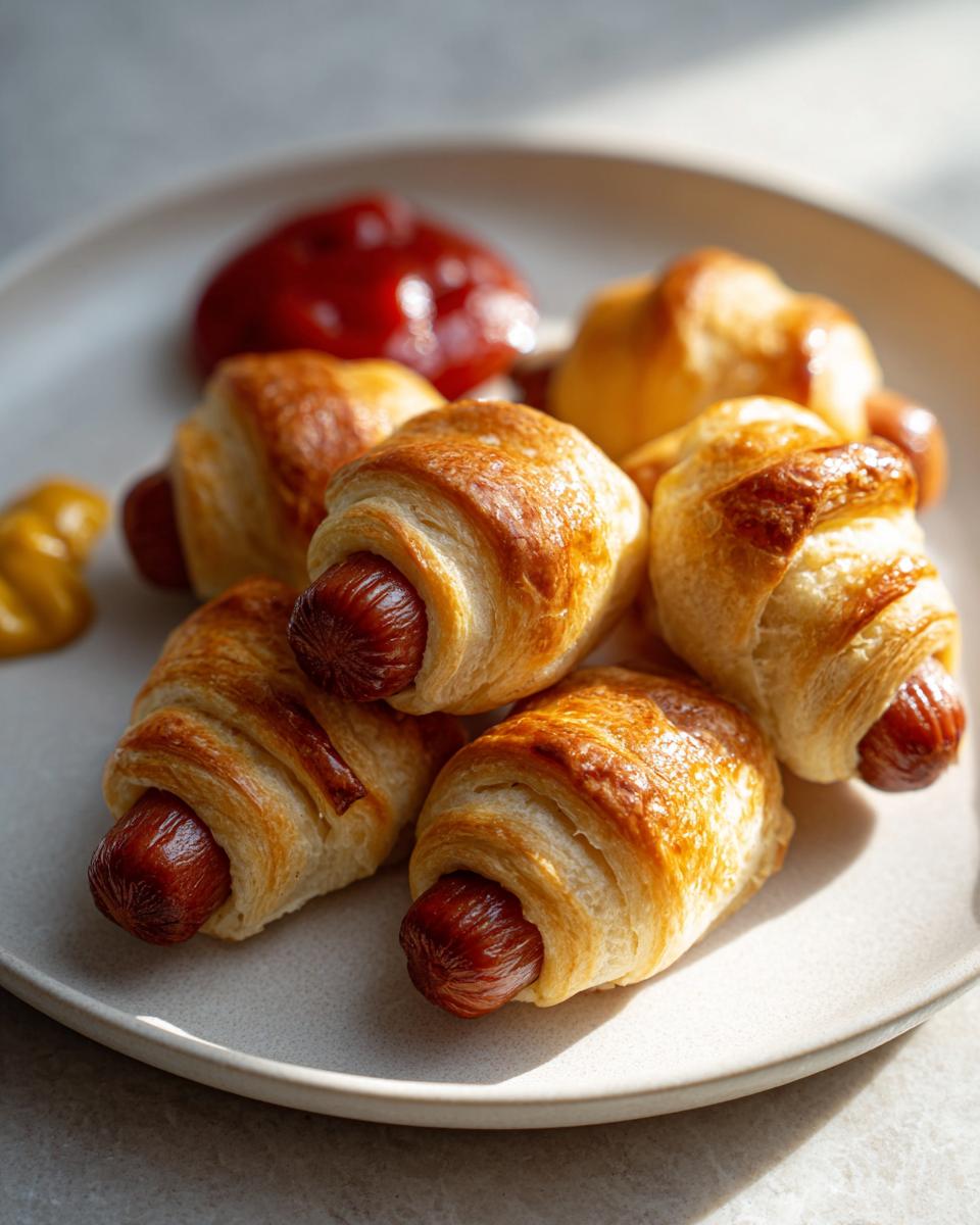 Close-up of golden brown, flaky pastry wrapped around hot dogs, served with ketchup and mustard. A plate of pigs in a blanket.