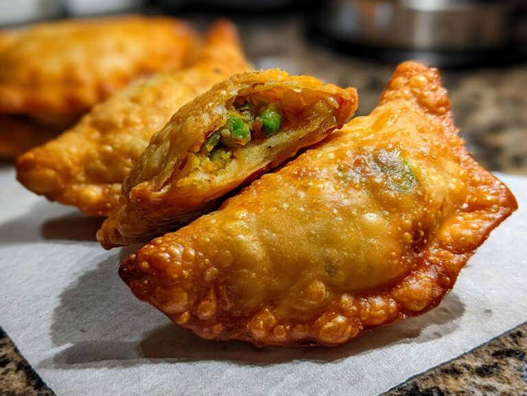 Close-up of golden-fried samosas, with one samosa cut in half revealing a savory vegetable filling.