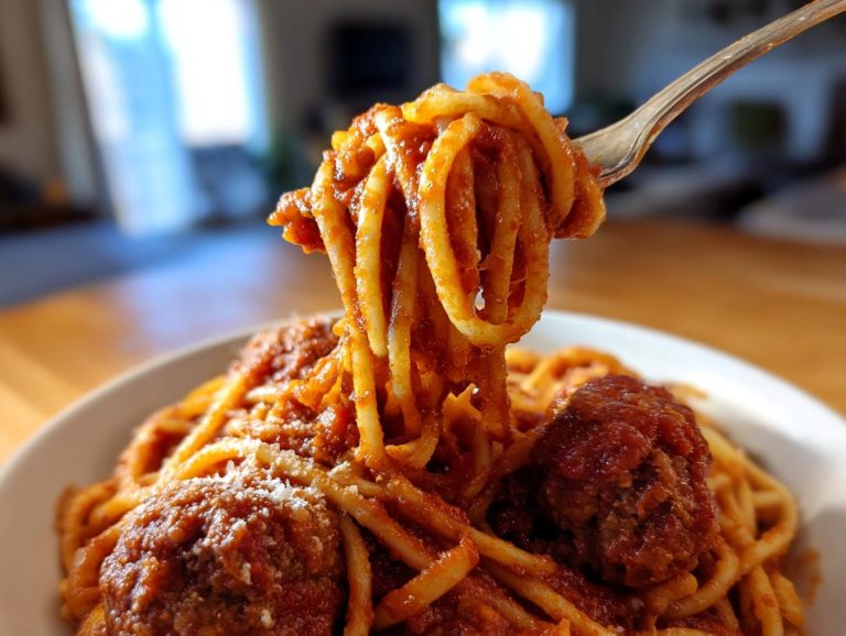 A fork lifting a generous portion of spaghetti and meatballs covered in rich tomato sauce.