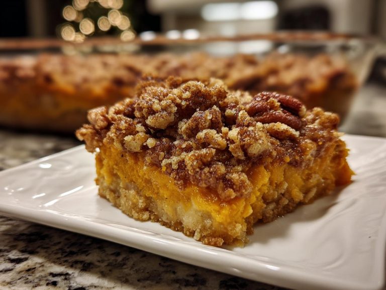 A close-up of a delicious slice of Grandma's Sweet Potato Casserole, topped with pecans and a crumble topping.