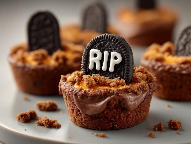 Close-up of a graveyard pudding cup topped with chocolate frosting, cookie crumbs, and an Oreo cookie tombstone with 'RIP' written in white icing.
