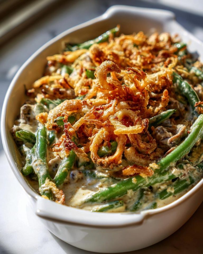 A close-up of a white baking dish filled with creamy green bean casserole, topped with golden fried onions.