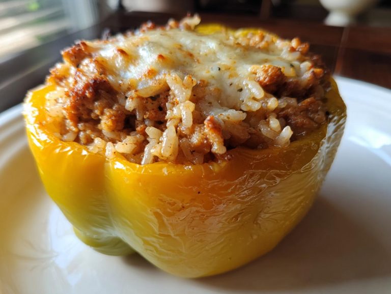 A close-up of a yellow bell pepper stuffed with ground turkey and rice, topped with melted cheese.