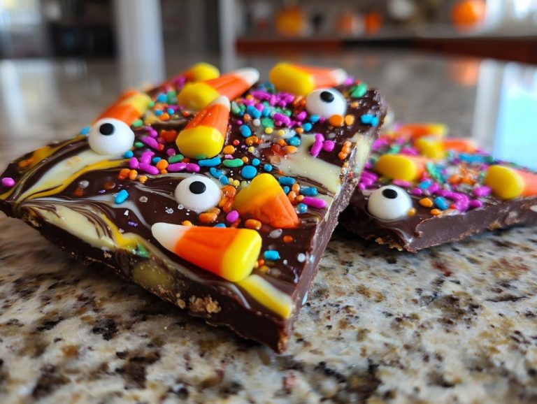 Close-up of festive Halloween chocolate bark topped with candy corn, candy eyes, and colorful sprinkles.