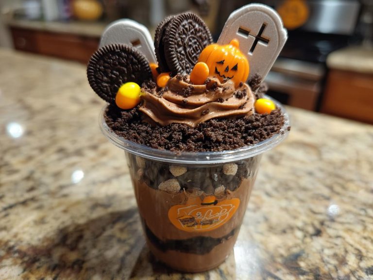 Close-up of a Halloween dirt cup topped with chocolate frosting, crushed Oreos, candy corn, a jack-o'-lantern, and tombstone cookies.