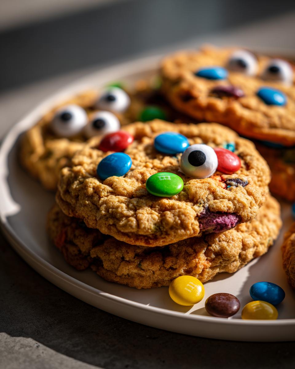 Close-up of Halloween monster cookies decorated with candy eyes and M&Ms.