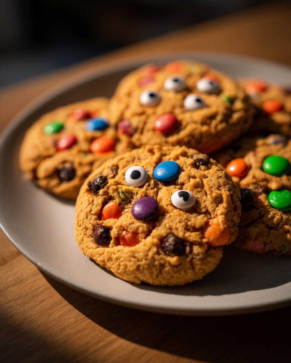 A close-up of several Halloween monster cookies decorated with candy eyes and colorful chocolate candies.