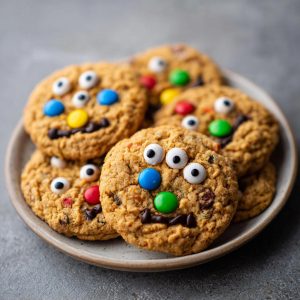 A plate of delicious Halloween monster cookies decorated with candy eyes and M&Ms.