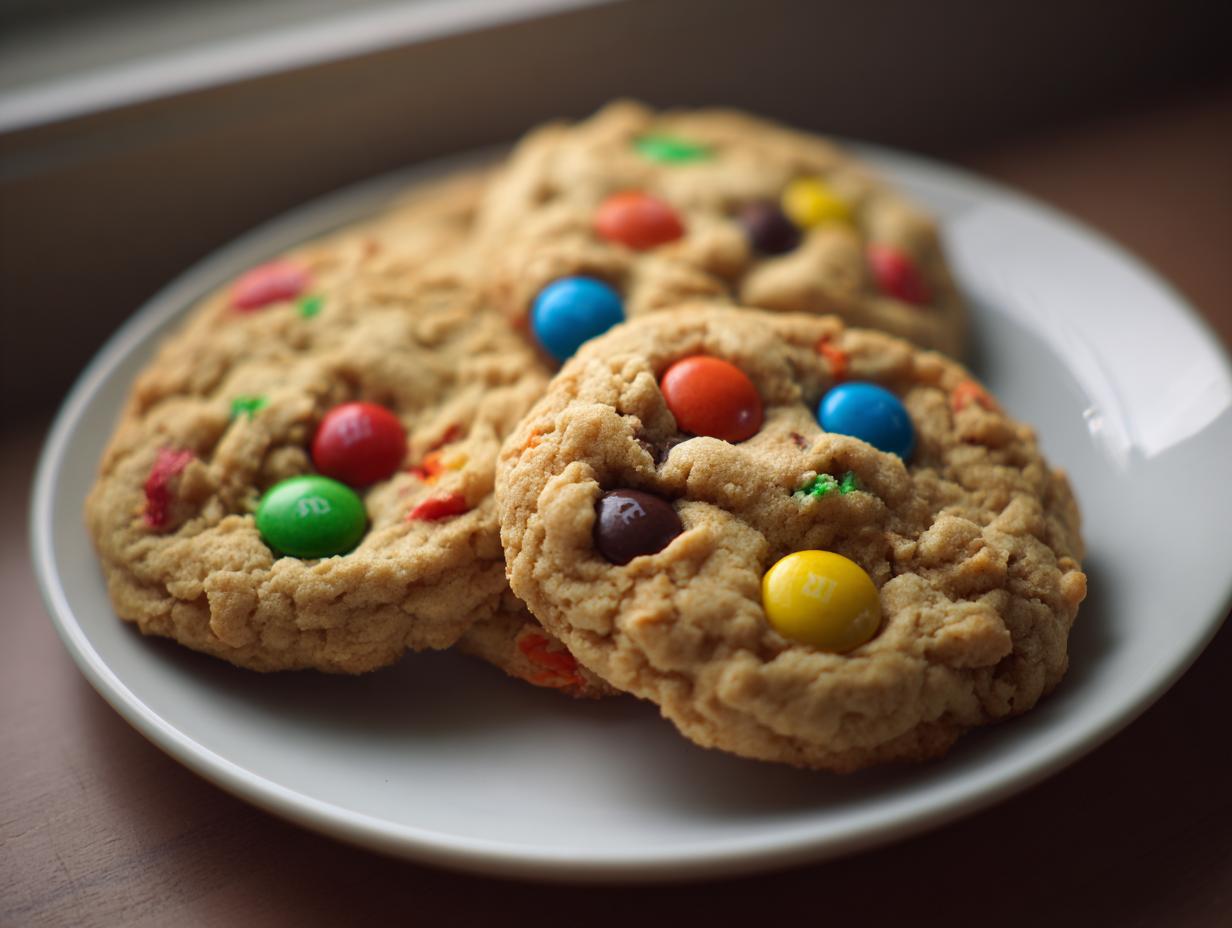 Close-up of three chewy Halloween monster cookies loaded with colorful M&Ms on a white plate.