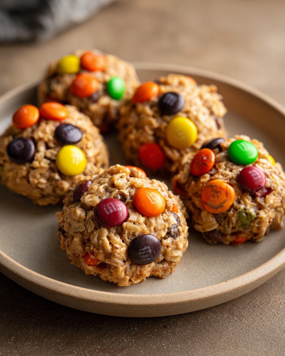 Close-up of several Halloween monster cookies on a plate, topped with colorful M&Ms.