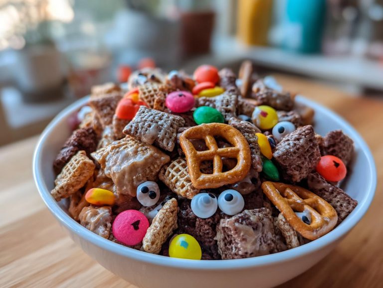 A white bowl filled with Halloween Muddy Buddies, featuring pretzels, candy eyes, and colorful candies.