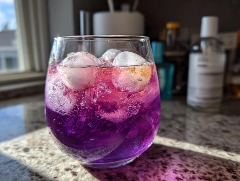 A close-up of a glass filled with vibrant purple Halloween punch and large ice cubes.