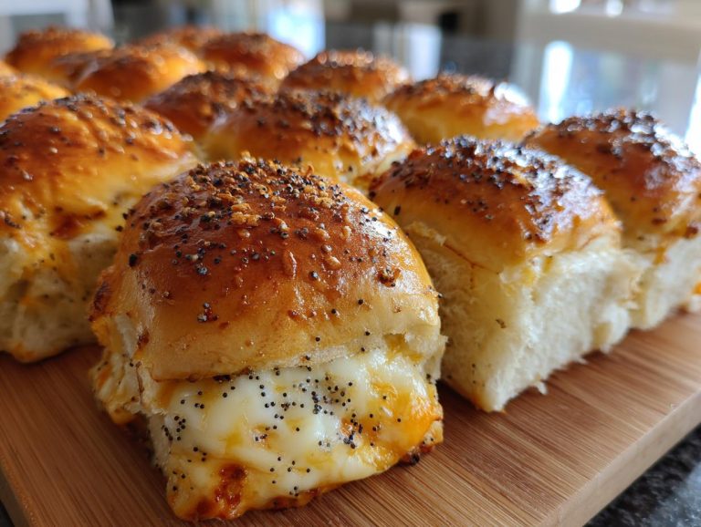 A close-up of golden-brown ham and cheese sliders, topped with poppy seeds, on a wooden board.