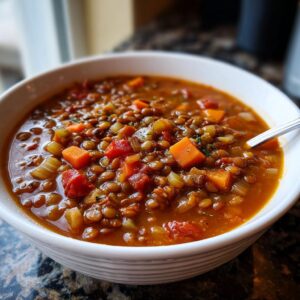A close-up of a bowl of hearty lentil soup, filled with lentils, carrots, celery, and tomatoes.