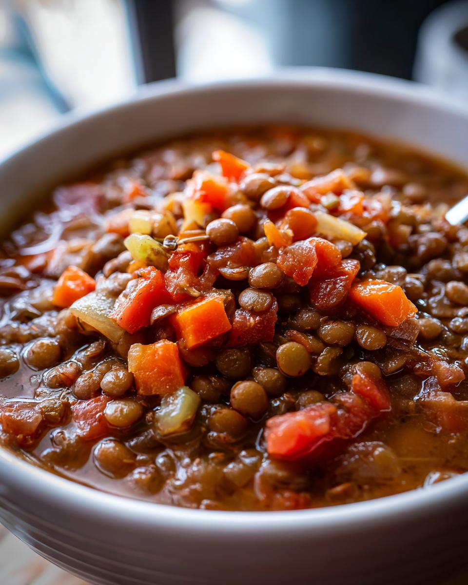Close-up of a bowl of hearty lentil soup, showing tender lentils, diced carrots, and tomatoes.