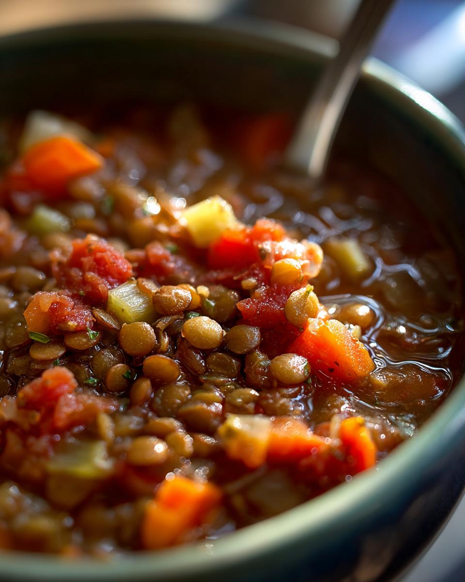 Close-up of a steaming bowl of hearty lentil soup with visible lentils, diced carrots, and tomatoes.