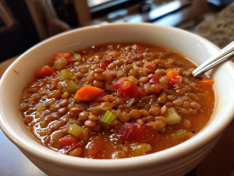 A close-up of a white bowl filled with hearty lentil soup, featuring lentils, carrots, celery, and tomatoes, with a spoon.