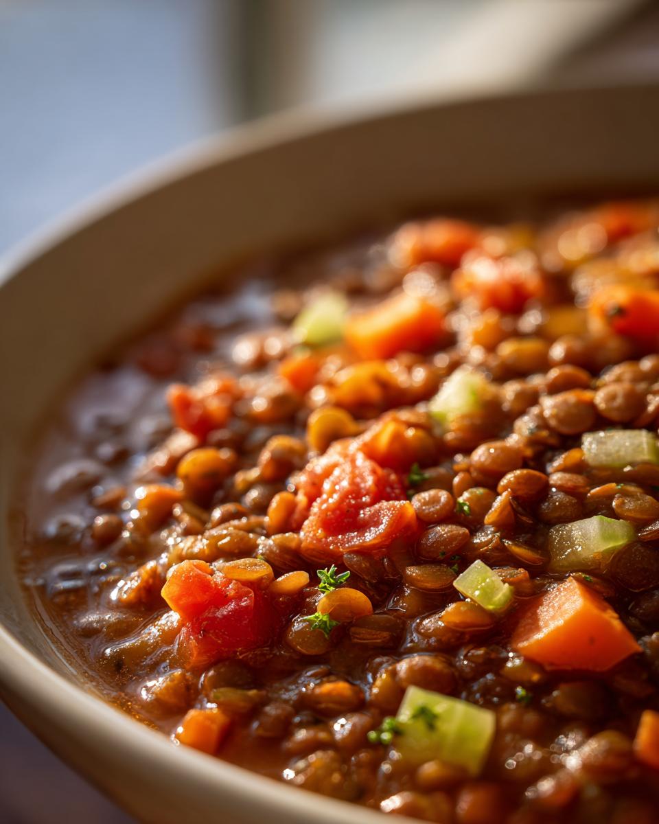 Close-up of a bowl of hearty lentil soup with chunks of tomato, carrot, and celery.