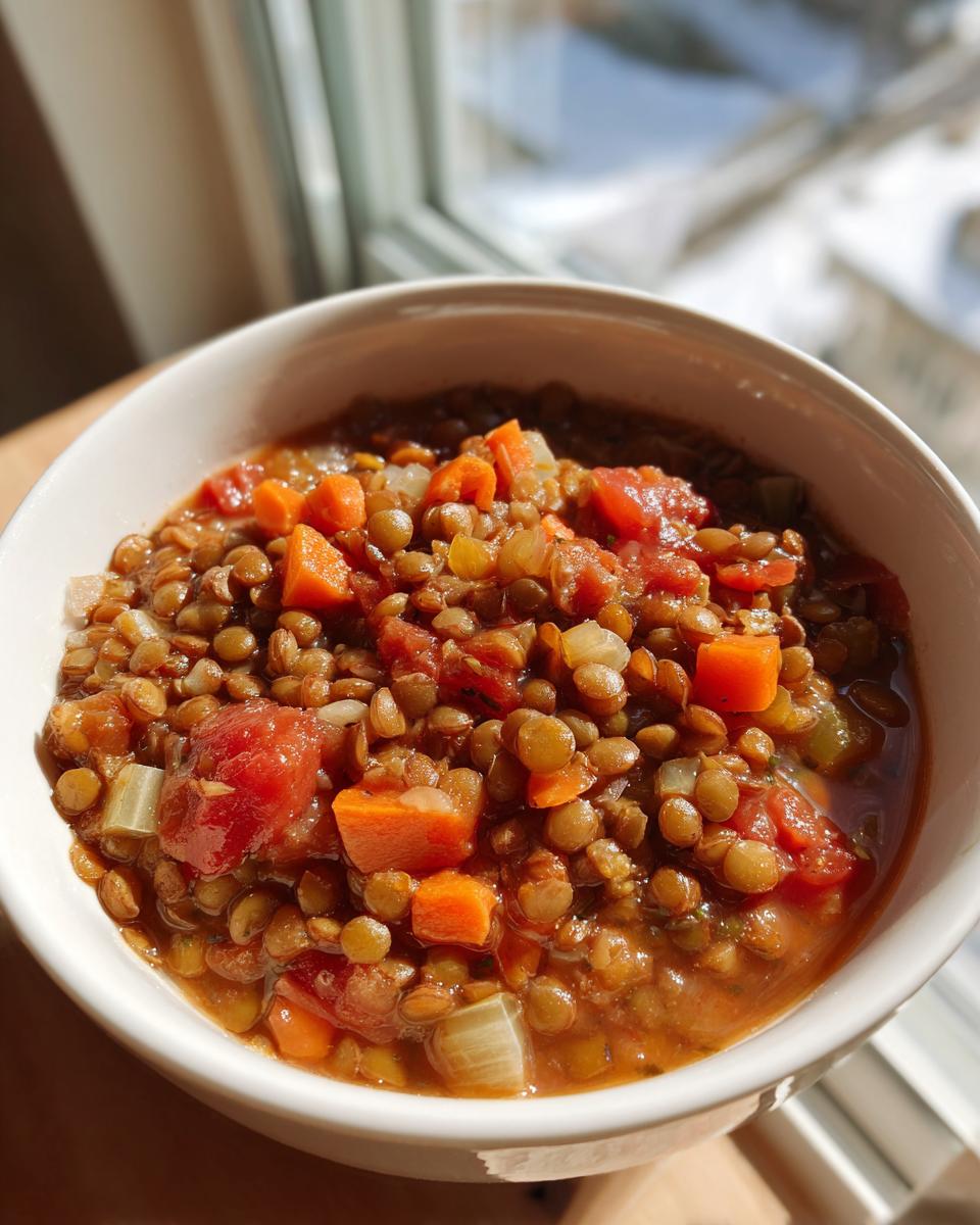 Close-up of a bowl of hearty lentil soup, featuring lentils, diced carrots, tomatoes, and celery.