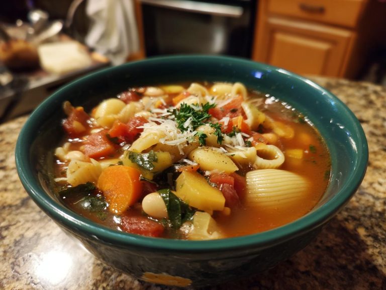 A close-up of a bowl of hearty Minestrone soup, filled with pasta, beans, carrots, tomatoes, and herbs.