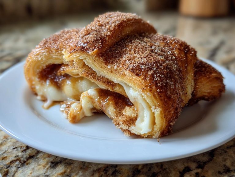 Close-up of a Hocus Pocus bun, showing flaky pastry, gooey cream cheese filling, and a cinnamon sugar coating.