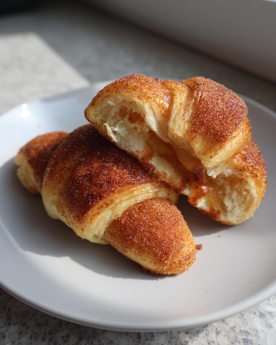 Two Hocus Pocus buns on a white plate, one split open to reveal a gooey center, coated in cinnamon sugar.