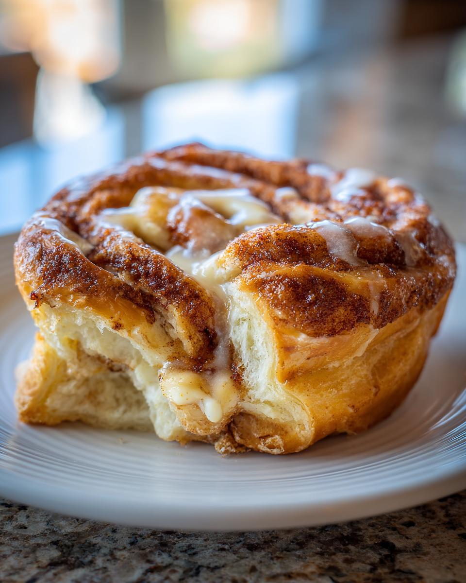Close-up of a gooey Hocus Pocus bun with cinnamon sugar swirl and white icing.