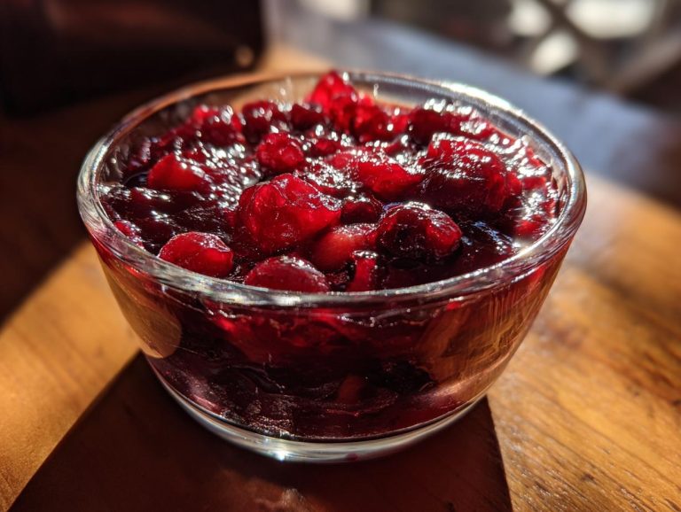 Close-up of a glass bowl filled with glistening homemade cranberry sauce, showcasing whole cranberries.