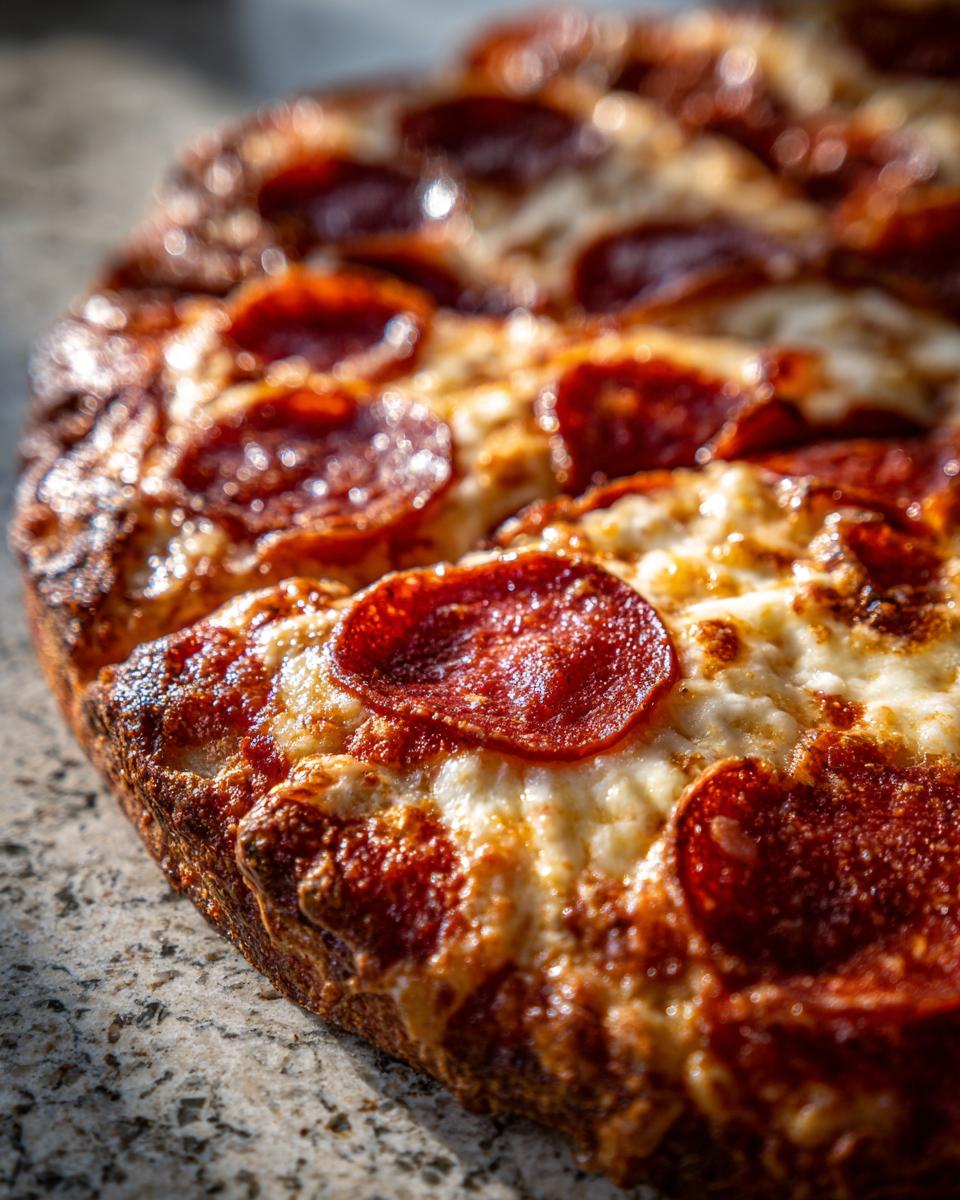 A close-up, detailed view of a delicious homemade pepperoni pizza with melted cheese and crispy pepperoni slices.