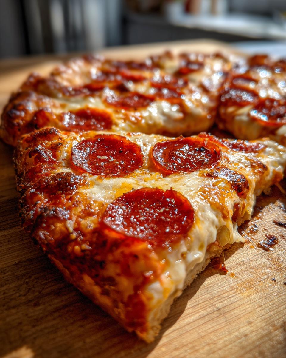 A close-up shot of a delicious slice of homemade pepperoni pizza with melted cheese and crispy pepperoni.