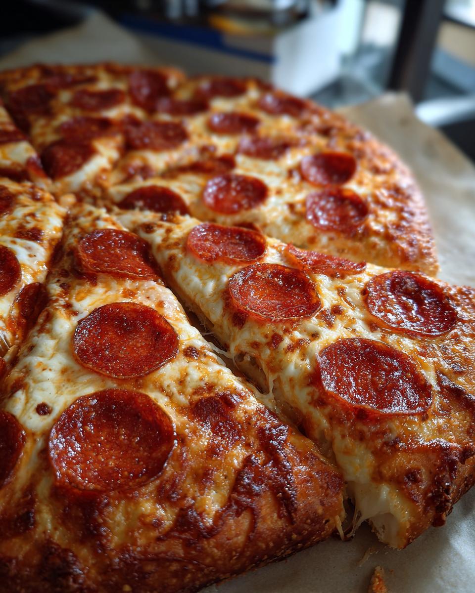Close-up of a delicious homemade pepperoni pizza with melted cheese and crispy pepperoni slices.