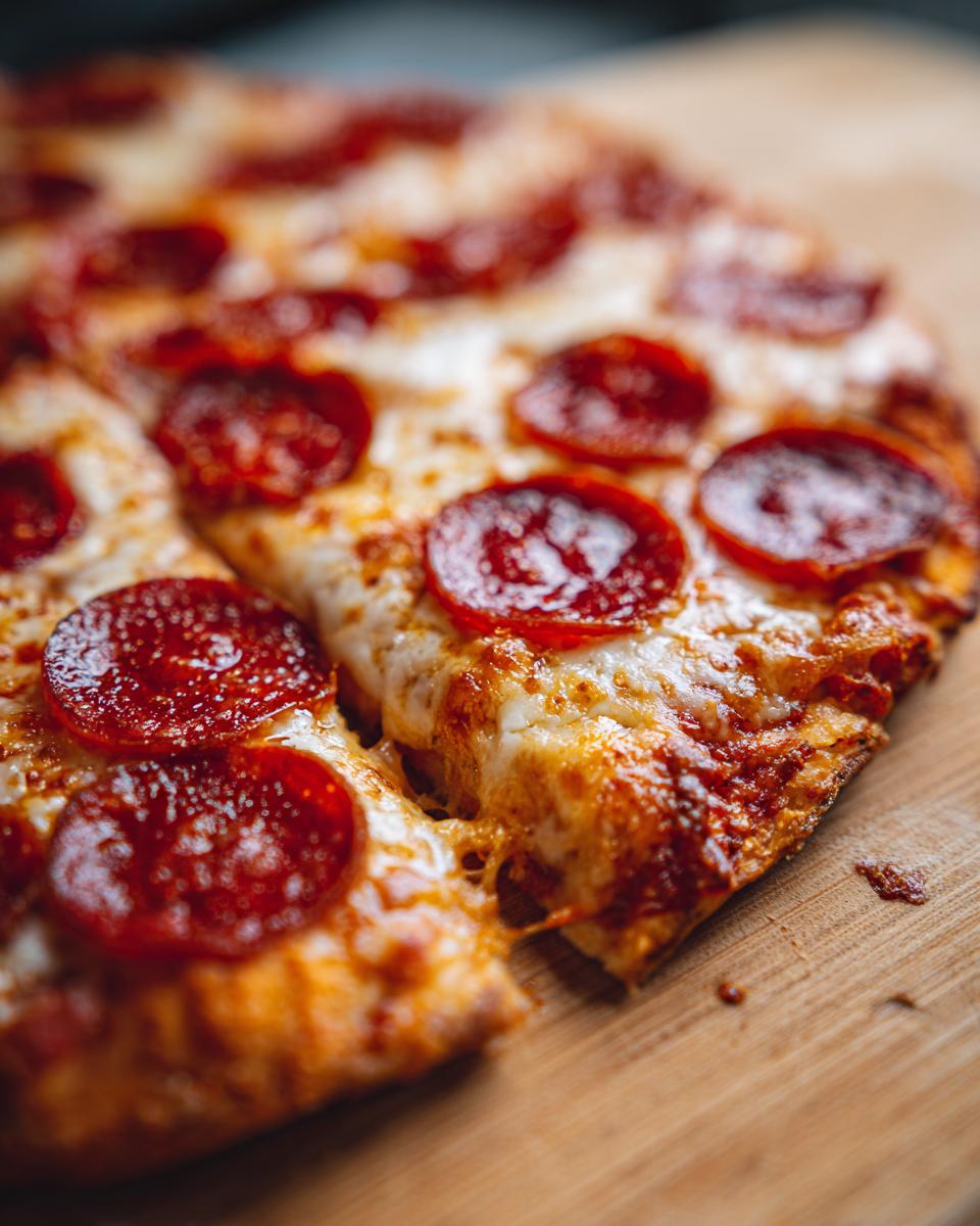 Close-up of a slice of homemade pepperoni pizza with melted cheese and crispy pepperoni.