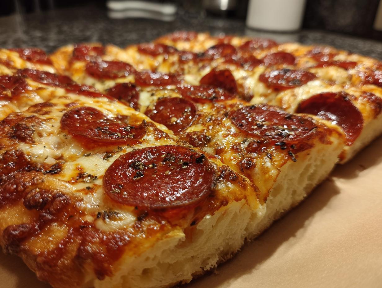 A close-up, angled view of a freshly baked homemade pepperoni pizza, showing melted cheese and crispy pepperoni slices.