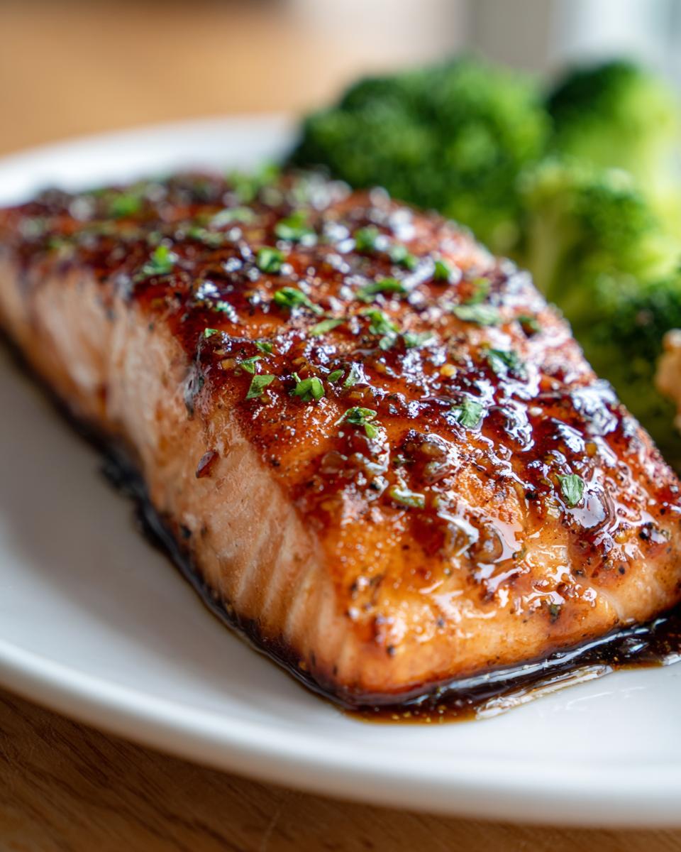 A close-up of a perfectly cooked honey garlic salmon fillet, glistening with sauce and topped with fresh herbs, served alongside steamed broccoli.