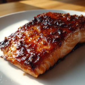 A close-up of a perfectly cooked honey garlic salmon fillet on a white plate, glistening with sauce.