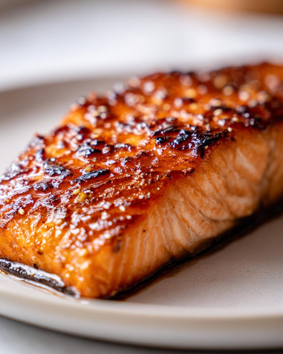Close-up of a perfectly cooked honey garlic salmon fillet on a plate, glistening with glaze.