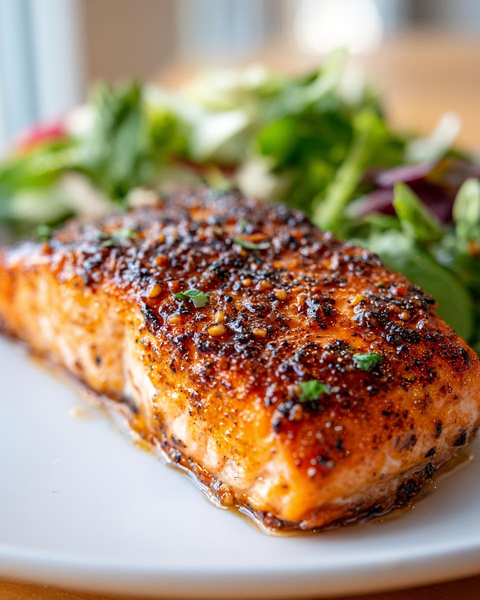 A close-up of a perfectly cooked honey garlic salmon fillet with a glistening glaze and a side of fresh salad.
