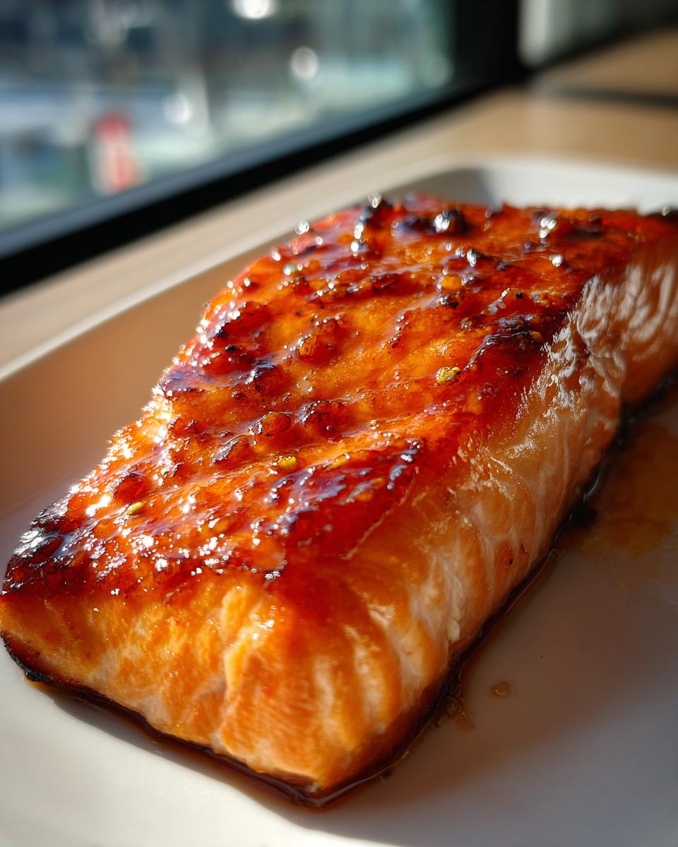 A close-up of a perfectly cooked honey garlic salmon fillet, glistening with a rich glaze.