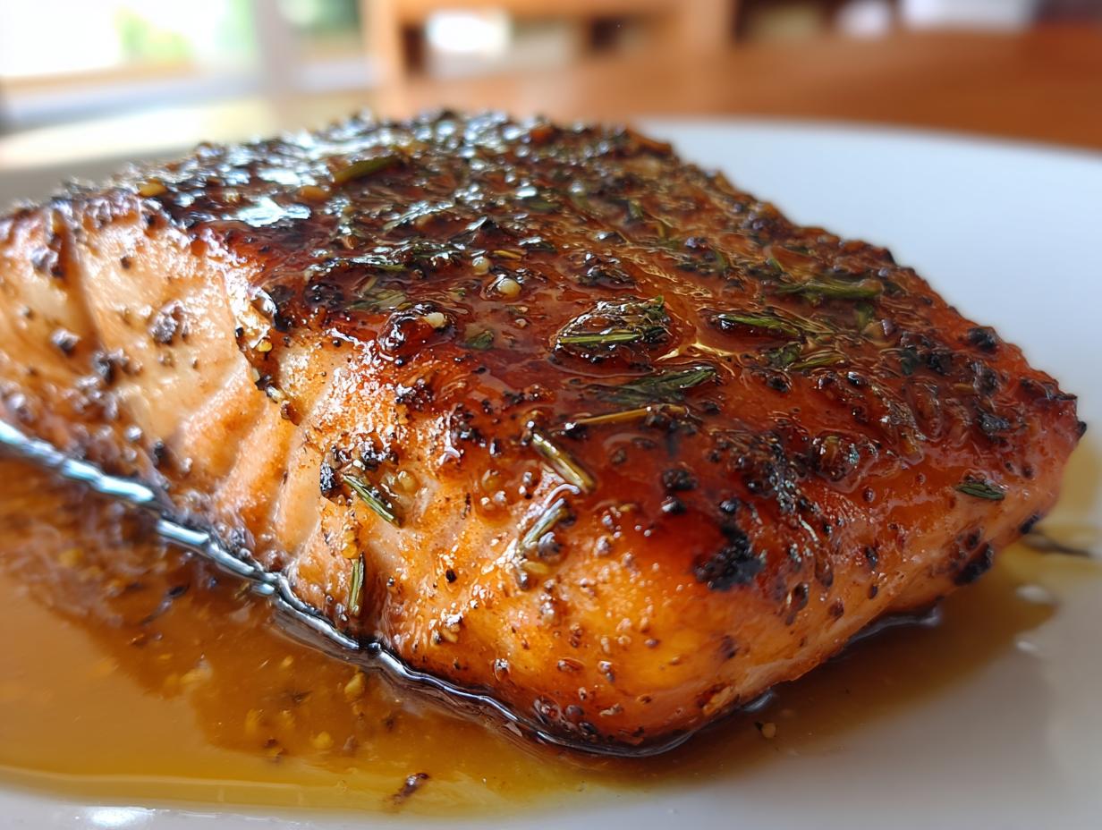 Close-up of a glistening honey garlic salmon fillet, seasoned with herbs and spices.
