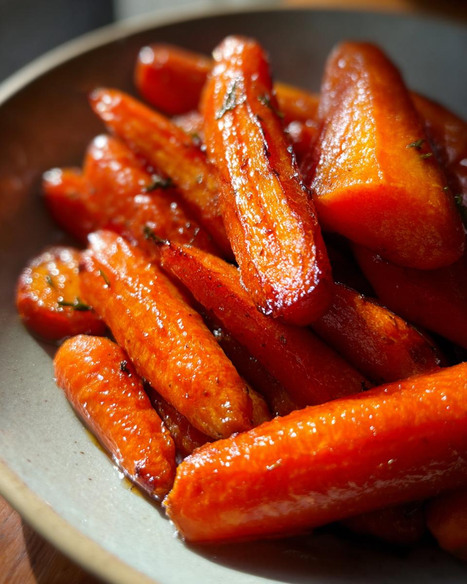 Close-up of glistening honey roasted carrots in a bowl with herbs.
