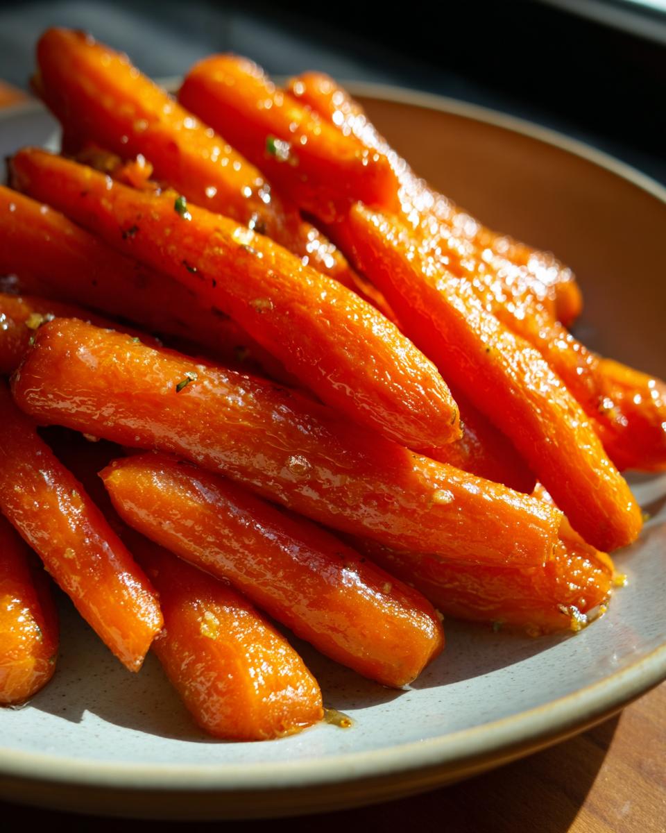 A close-up shot of glistening honey roasted carrots piled high on a light grey plate.