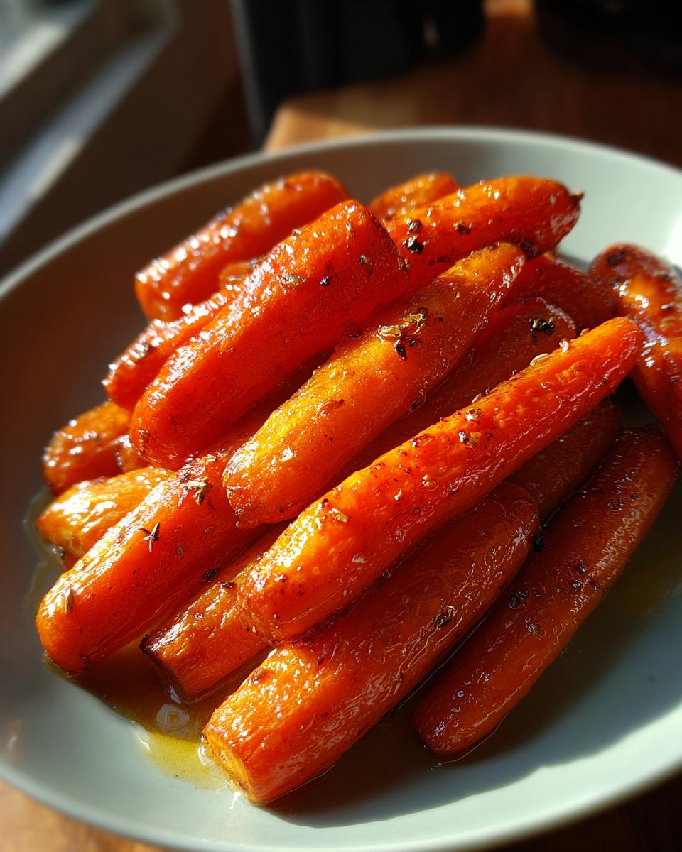 Close-up of glazed honey roasted carrots with visible herbs and spices in a light blue bowl.