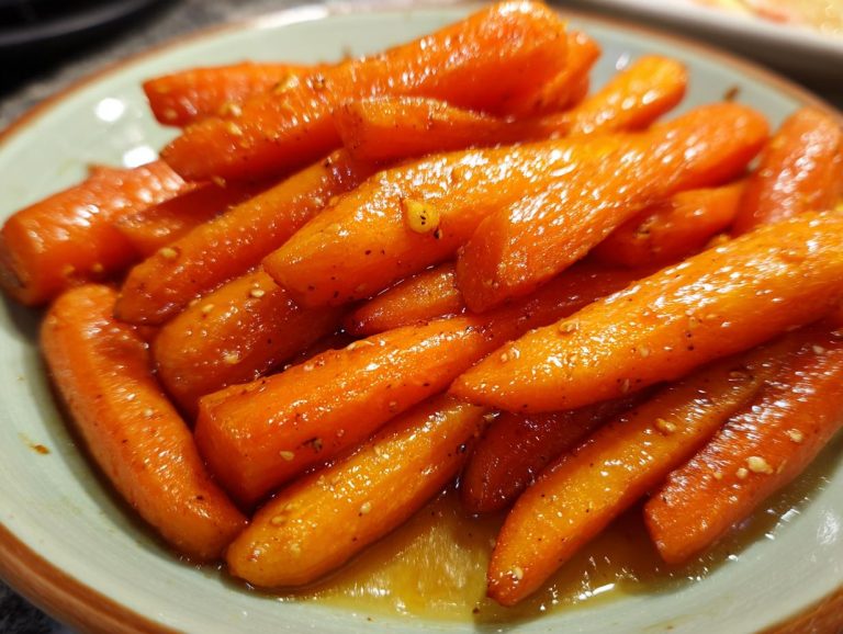 Close-up of glazed honey roasted carrots sprinkled with sesame seeds on a light blue plate.